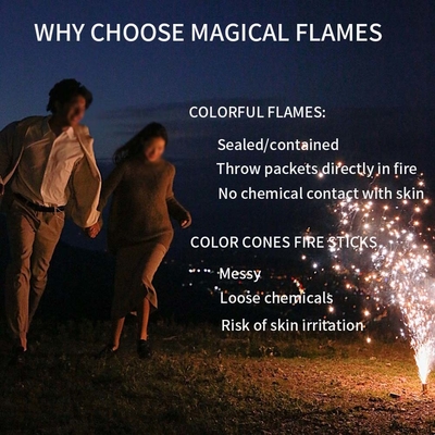 Mystisch effect Magisch poeder levendige gekleurde vlammen vreugdevuren kampeerkamino's kerstfeesten nieuwjaar vuurwerk